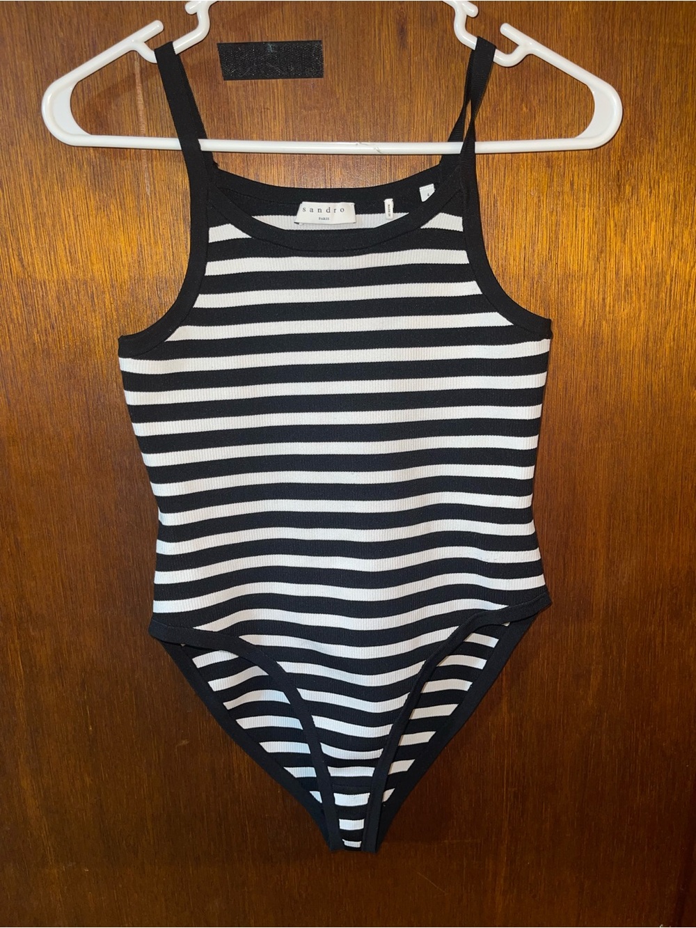 Sandro Black and White Striped Ribbed Bodysuit